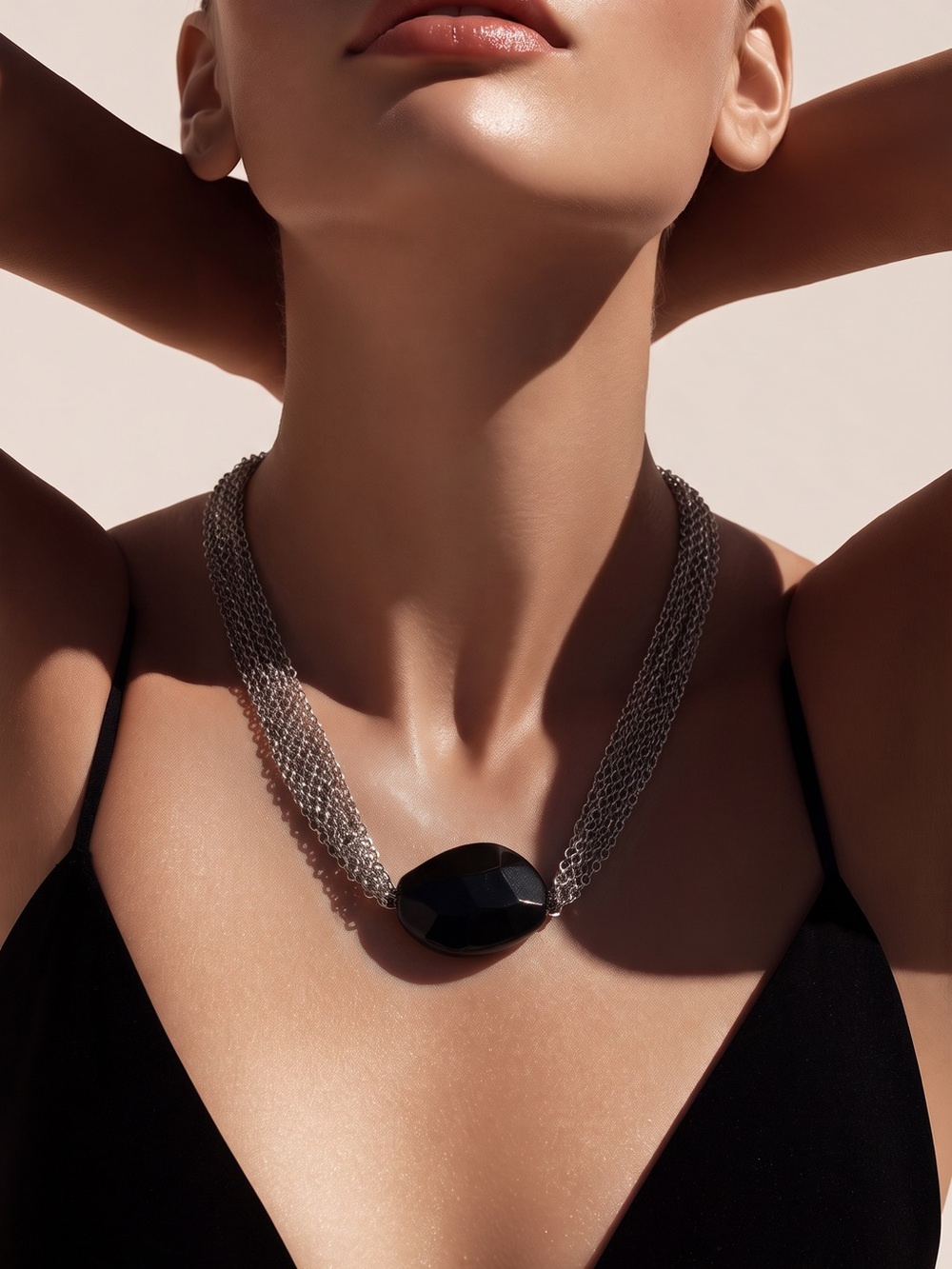 Multi-Strand Silver Chain Necklace with Large Black Stone Pendant WHBM